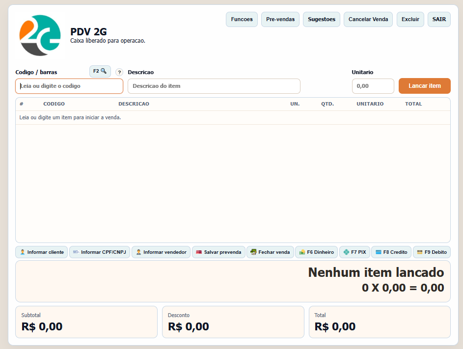Tela do PDV 2G para venda no caixa